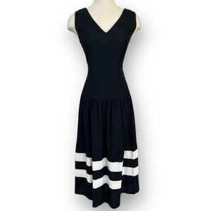 Vintage Misty Lane Navy Blue and White Sun Dress with Bow Accents